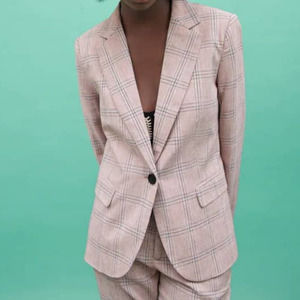 ZARA Dusty Pink Plaid Tailored Linen Blend Blazer